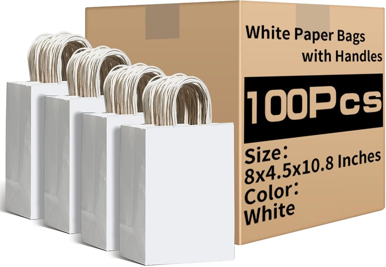 White Paper Bags with Handles Bulk 8"x4.5"x10.8" 100Pcs Gift Bags Medium Size, White Gift Bags with Handles, Gift Bag Bulk for Retail, Party, Shopping, Merchandise
